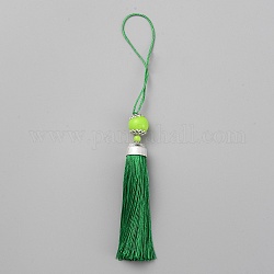 Décorations de gros pendentifs pompon en polyester, avec perles d'acrylique et alliage de platine, verte, 188mm