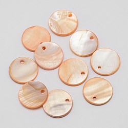 Окрашенные естественно плоские круглые раковины кулон, оранжевые, 15x2 мм, отверстие : 1.5 мм