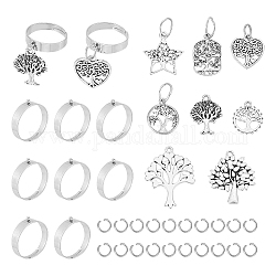 Kit per la creazione di anelli regolabili con ciondoli fai da te Unicraftale, inclusi pendenti in lega di albero, stella e rettangolo, componenti per anelli e anelli di salto in acciaio inossidabile, colore misto, 36pcs/scatola