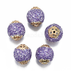 Handmade Indonesia Beads, with Chip Gemstone and Brass Findings, Oval, Golden, Medium Purple, 19.5x18mm, Hole: 1.5mm