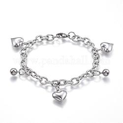 304 Stainless Steel Charm Bracelets, Heart, Stainless Steel Color, 7-1/2 inch(190mm)x6mm