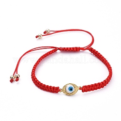Bracelets de perles tressées réglables, bracelets ficelle rouge, avec cordon en nylon, Laiton plaqué or émaillé mauvais œil maillons connecteurs et perles, rouge, diamètre intérieur: 1-7/8 pouce (4.8 cm)