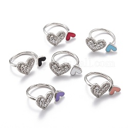 Латунные кольца из манжеты с прозрачным цирконием, открытые кольца, с эмалью, сердце, платина, разноцветные, размер США 6 3/4 (17.1 мм)
