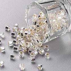 Toho quadratische Perlen, japanische Saatperlen, (21) mit Silber ausgekleideter transparenter Kristall klar, 3x3x3 mm, Bohrung: 1.5 mm, ca. 450 g / Beutel