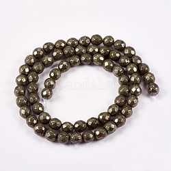 Natürliche Pyrit runde Perlen Stränge, facettiert, 6 mm, Bohrung: 1 mm, ca. 65 Stk. / Strang, 15.74 Zoll