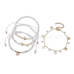 4 pièces 4 styles verre et laiton lune et étoile ensemble de bracelets de perles tressées, bracelets empilables à breloques coeur, or, diamètre intérieur: 2-1/4~3-3/8 pouce (5.6~8.6 cm), 1pc / style