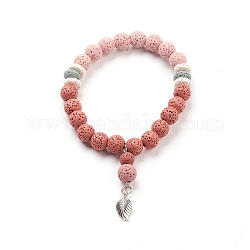 Bracelets à breloques extensibles en perles de lave naturelle, avec breloques en alliage plaqué argent antique, feuille, rouge violet pâle, diamètre intérieur: 2-1/4 pouces (5.6 cm)