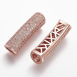 Brass Micro Pave Cubic Zirconia Tube Beads, Tube, Large Hole Beads, Hollow, Clear, Rose Gold, 30x8.5x8mm, Hole: 5mm