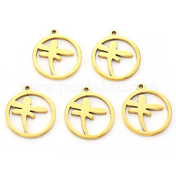 Vacuum Plating 304 Stainless Steel Pendants, Laser Cut, Ring with Dragonfly, Golden, 17x15x1mm, Hole: 1.2mm