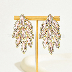 Aretes de acero inoxidable chapados en oro real de 18k, Pendientes de hojas de vidrio con rhinestone para mujer., rosa, 55x30mm