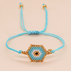 Hexagone avec mauvais œil bracelet de perles tressées de graines de verre pour les femmes, turquoise foncé, 11 pouce (28 cm)