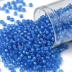 Toho perles de rocaille rondes, Perles de rocaille japonais, (309) couleur intérieure saphir clair / doublé bleu opaque, 8/0, 3mm, Trou: 1mm, environ 1110 pcs/50 g
