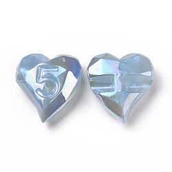 Perles acryliques opaques, de couleur plaquée ab , coeur avec le numéro 5, lumière bleu ciel, 32x30x13mm, Trou: 3.2mm