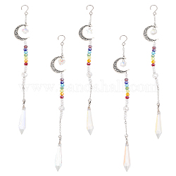 CHGCRAFT Alloy Moon Pendant Decorations, 7 Chakra AB Color Plated Glass Beaded Hanging Ornament, with Glass Cone & Star/Ice Flower/Heart Charm, Antique Silver, 280mm, 1pc/style, 5pcs/set, 1 set/bag