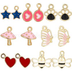 CREATCABIN 14Pcs 7 Style Brass Enamel Pendants, Long-Lasting Plated, Cadmium Free & Lead Free, Real 18K Gold Plated, Mushroom & Butterfly & Bees & Star, Mixed Color, 6.5~11x5~10x1.5~3.5mm, Hole: 1~1.2mm, 2pcs/style