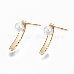 Accessoires de clous d'oreilles en laiton, pour la moitié de perles percées, avec perle d'imitation en plastique ABS blanc, sans nickel, véritable 18k plaqué or, 14.5x2.5mm, pin: 0.7 mm, broche: 0.6 mm (pour perles semi-percées)