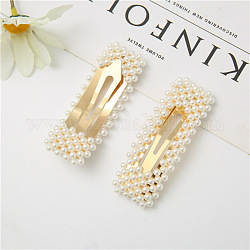 Resin Imitation Pearl Snap Hair Clips, with Iron Clip, Hair Accessories for Girls Women, Rectangle, White, 75x25mm