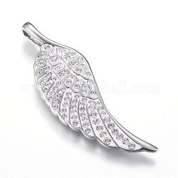 316 Surgical Stainless Steel Big Pendants, with Polymer Clay Rhinestones, Wing, Crystal, 51.5x16x6mm, Hole: 3x7mm