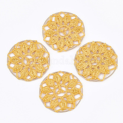 Décorations de pendentif tissées en polycoton (polyester coton), avec les accessoires en laiton, plat et circulaire avec fleur, or clair, or, 35x1mm