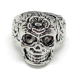 Anillos de aleación de dedo, anillos de banda ancha, anillos gruesos, cráneo del azúcar, para el día de fiesta mexicano de los muertos, tamaño de 9, plata antigua, 19mm