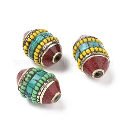 Handmade tibetischen Stil Perlen, mit Messingbeschlägen und synthetischem Türkis, Oval, Antik Silber Farbe, Mischfarbe, 19~21.5x13~13.5 mm, Bohrung: 1.6 mm