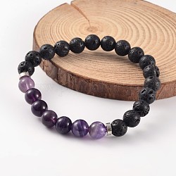 Natural Lava Rock Beaded Stretch Bracelets, with Amethyst Beads and Brass Findings, Platinum, 58mm