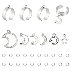 Unicraftale DIY Charms Cuff Ring Making Kit, Including Moon & Star Alloy Pendants, Stainless Steel Finger Ring Components & Jump Rings, Antique Silver & Stainless Steel Color, 32Pcs/box