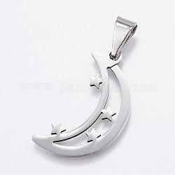 304 Stainless Steel Pendants, Moon with Star, Stainless Steel Color, 31x17x6mm, Hole: 3x9.5mm