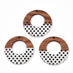 Resina stampata opaca e pendenti in legno di noce, ciondolo ad anello con motivo a pois, bianco, 38x3.5mm, Foro: 2 mm