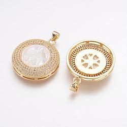 Brass Micro Pave Cubic Zirconia Pendants, Long-Lasting Plated, with Shell Carved Virgin, Flat Round, Real 18K Gold Plated, 29.5x25x5.5mm, Hole: 3.5x5mm