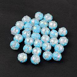 Perles en émail acrylique craquelé irisé arc-en-ciel, avec strass, cahoteuse, ronde avec le mot, lumière bleu ciel, 17~17.5x15mm, Trou: 2.3mm
