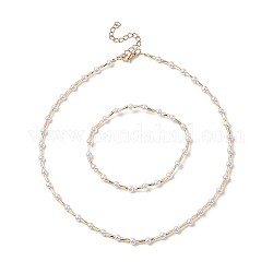 Pulseras elásticas de cuentas y conjuntos de collar de cuentas para mujer, con corneta trenzada de vidrio y cuentas de perlas de imitación de plástico abs, oro, collar: aproximadamente 14.21 pulgada (36.1 cm), pulsera: 2-1/8 pulgada (5.3 cm)