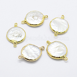 Pearl Links connectors, with Brass Findings, Flat Round, Golden, 27~28x18~19x4~5mm, Hole: 1mm