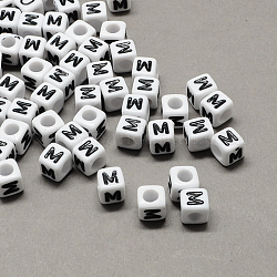 Perles européennes de lettre en acrylique à gros trou, trou horizontal, blanc et noir, cube avec letter.m, 10x10x10mm, Trou: 4mm, environ 564 pcs/500 g