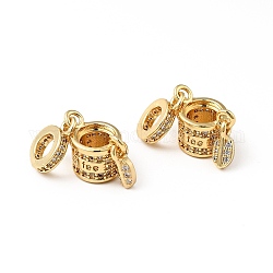 5Pcs Rack Plating Brass Micro Pave Clear Cubic Zirconia European Dangle Charms, Large Hole Pendants, Cadmium Free & Lead Free, Coffee Cup with Leaf, Real 18K Gold Plated, 27mm, Cup: 9.5x14.5x8.5mm, Leaf: 8x3.5x2mm, Hole: 4.6mm