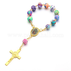 Bracelet chapelet pour pâques, bracelet à breloques croix crucifix en alliage avec chaînes de perles en argile polymère pour femme, or, 5-1/2 pouce (14 cm)
