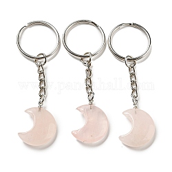 Porte-clés pendentif lune en quartz rose naturel reiki, avec des porte-clés en fer, 7.8 cm