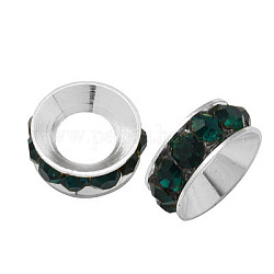 Perline distanziatori strass in ottone, grado a, rondelle, colore argento placcato, smeraldo, 7x3.3mm