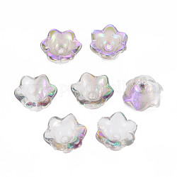 Cappucci di perline di vetro trasparente placcato, 6 -petal, mezzo placcato, fiore, viola, 11.5x10.5x8.5mm, Foro: 1 mm