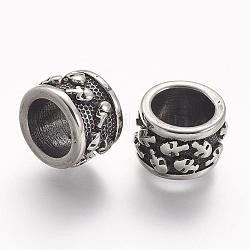 304 Edelstahlkugeln, Spalte mit Schädel, Großloch perlen, Antik Silber Farbe, 13x8.5 mm, Bohrung: 8.5 mm