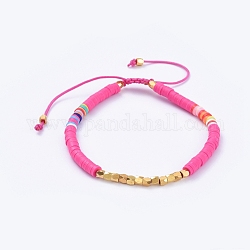 Bracelets de perles tressées réglables, avec des perles heishi en pâte polymère faites à la main et des perles en laiton, camélia, 2-3/8 pouce ~ 3-5/8 pouces (6~9.2 cm)