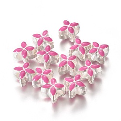 Perline europeo smalto in lega, perline con foro grande, fiore, colore argento placcato, rosa intenso, 10x10x8mm, Foro: 5 mm