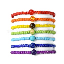 Ensemble de bracelets extensibles en perles de verre et pierres précieuses mélangées naturelles et synthétiques 7 pièces 7 styles, bracelets empilables pour femmes, diamètre intérieur: 2-1/8~2-1/4 pouce (5.3~5.6 cm), 1pc / style