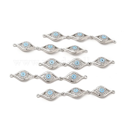 Brass Micro Pave Clear Cubic Zirconia Connector Charms, with Enamel, 3 Evil Eye Links, Platinum, Light Sky Blue, 63x10x3.8mm, Hole: 1.4mm