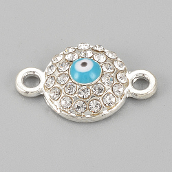 Alloy Rhinestone Links connectors, Cadmium Free & Lead Free, Flat Round with Evil Eye, Sky Blue, Silver Color Plated, 17x10.5x4mm, Hole: 1.5mm