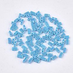 2-Hole Opaque Glass Seed Beads, Lustered, Rectangle, Light Sky Blue, 4.5~5.5x2x2~2.5mm, Hole: 0.5~0.8mm