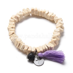 Bracelets extensibles avec breloque, avec des perles de coco, perles de pierre de lave naturelle, 304 breloques en acier inoxydable et pompons en fil de coton, plat et circulaire avec croix, violette, diamètre intérieur: 2-1/8 pouce (5.4 cm)