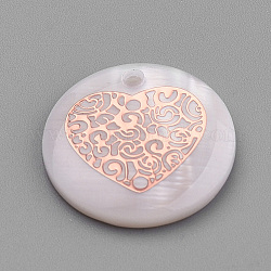 Pendentifs en coquillage d'eau douce, avec les accessoires en fer, plat et circulaire avec coeur, or rose, couleur de coquillage, 16x3mm, Trou: 1mm