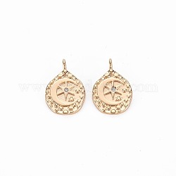 Brass Micro Pave Clear Cubic Zirconia Charms, Nickel Free, Teardrop with Moon & Star, Real 18K Gold Plated, 15x10x1mm, Hole: 1.5mm