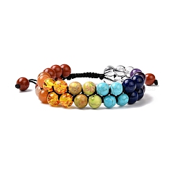 Bracelet perles tressées imitation ambre & pierres mixtes rondes pour femme fille, Bracelet 7 chakra 3 couches, colorées, diamètre intérieur: 2~2-7/8 pouce (5.2~7.3 cm)
